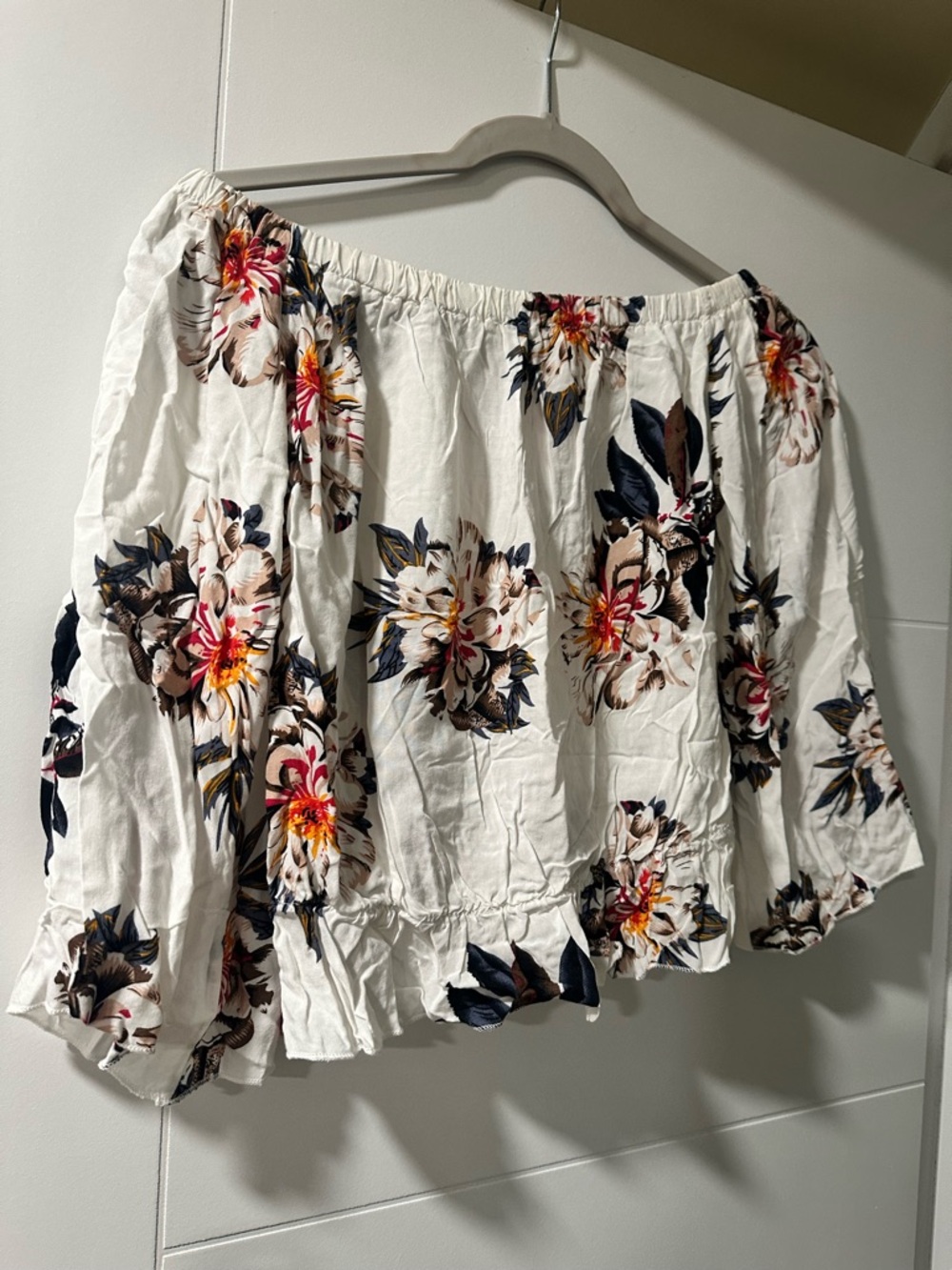 White Floral Off-Shoulder Top with Navy and Pink Blooms